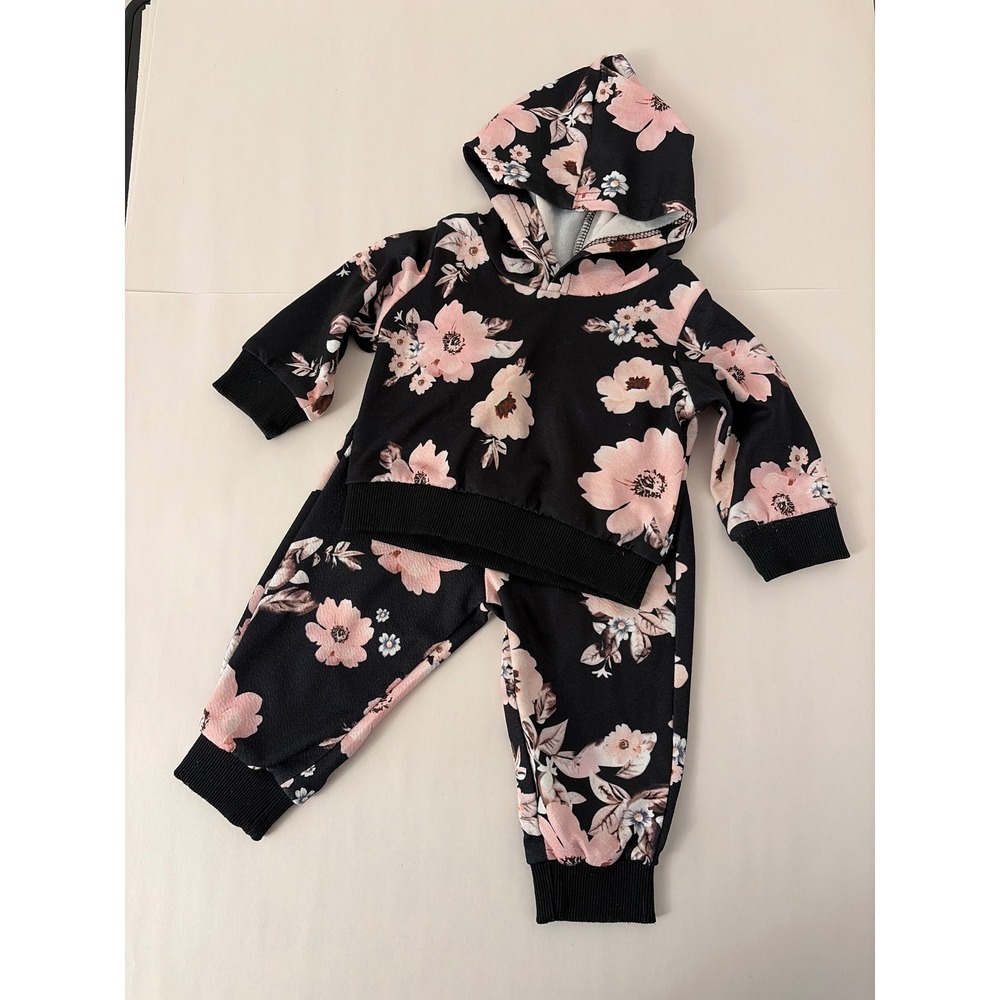 2 Piece Hoodie Set Baby Girl 3-6M Black Floral Joggers Fairygoth Sleep Play
